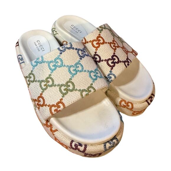 Gucci Embroidered Logo Platform Slide Sandals Sz. 39 (US 9) - Picture 1 of 11
